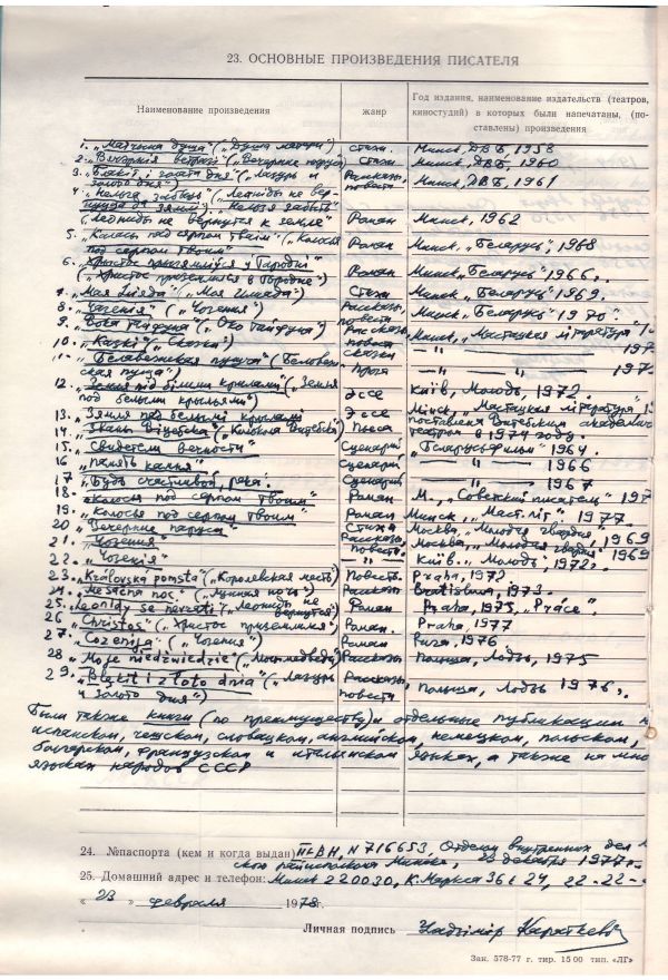 Спіс публікацый, складзены ўласнаручна У. Караткевічам (23 лютага 1978 г.)